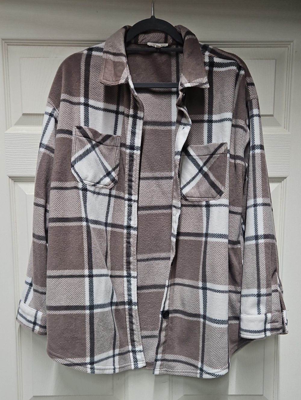 Maurices Taupe and White Plaid Sherpa-Lined Shacket